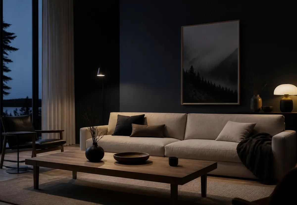 Premium modern Nordic living room in warm evening light