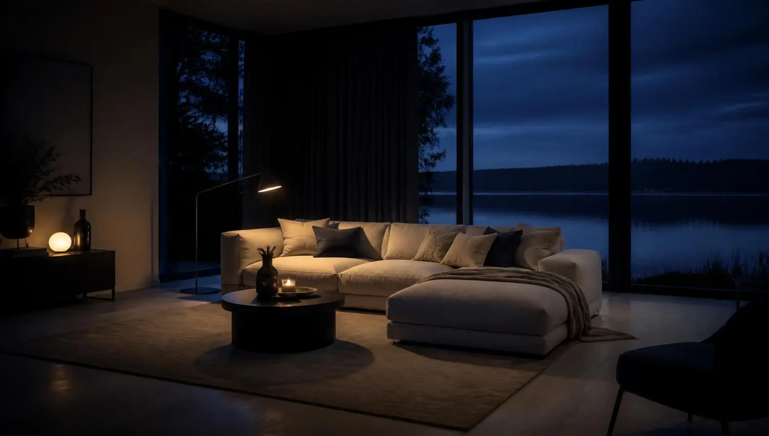Modern Nordic living room at dusk in deep blue evening light